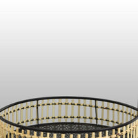 Elpis Wall Mirror Decor with Woven Shelf, 20 Inch Tall Black Metal -BM324522