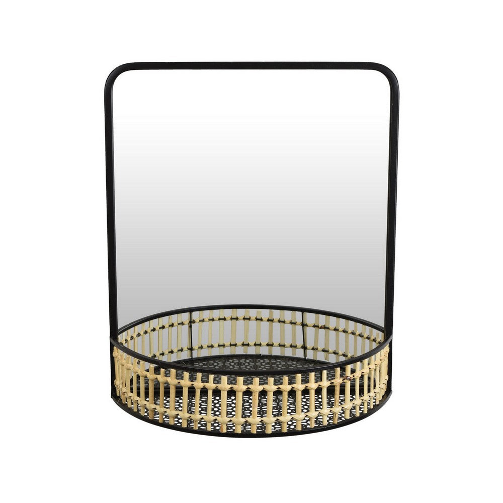 Elpis Wall Mirror Decor with Woven Shelf, 20 Inch Tall Black Metal -BM324522