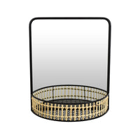 Elpis Wall Mirror Decor with Woven Shelf, 20 Inch Tall Black Metal -BM324522