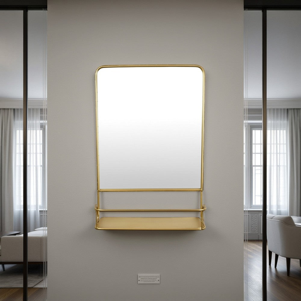 Rectangular Wall Mirror Decoration with Shelf, 17 x 24, Gold Metal -BM324523