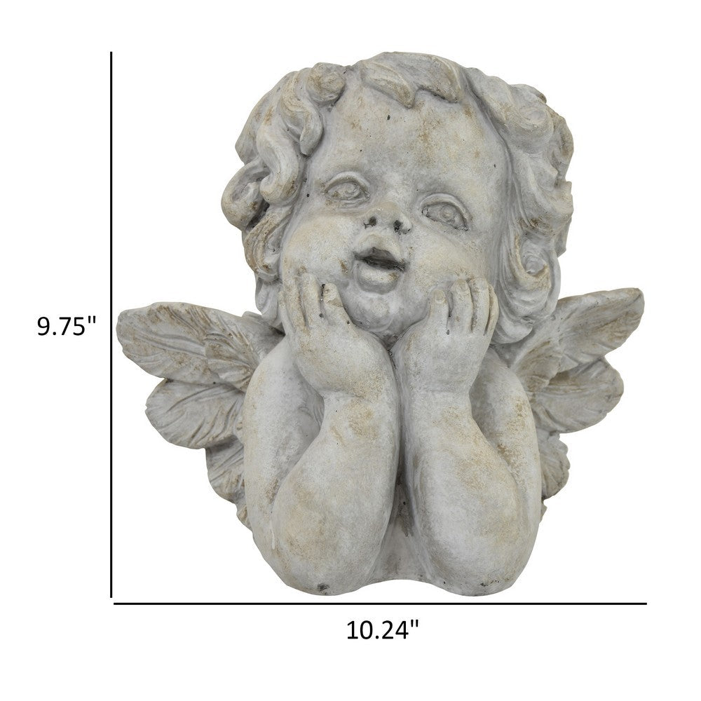 Cherub Bust Planter with Carved Wings and Curls, 10 Inch Gray Resin -BM324534