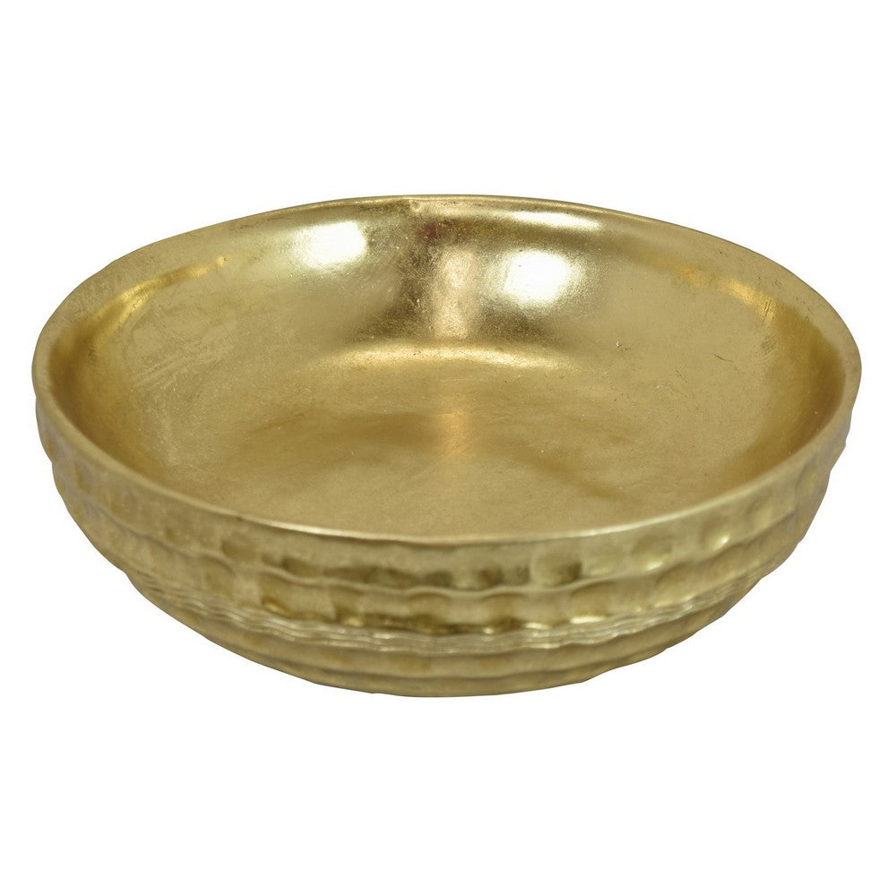 Round Tray with Hammered Accents, Vintage Details, 14 Inch Gold Resin -BM324544