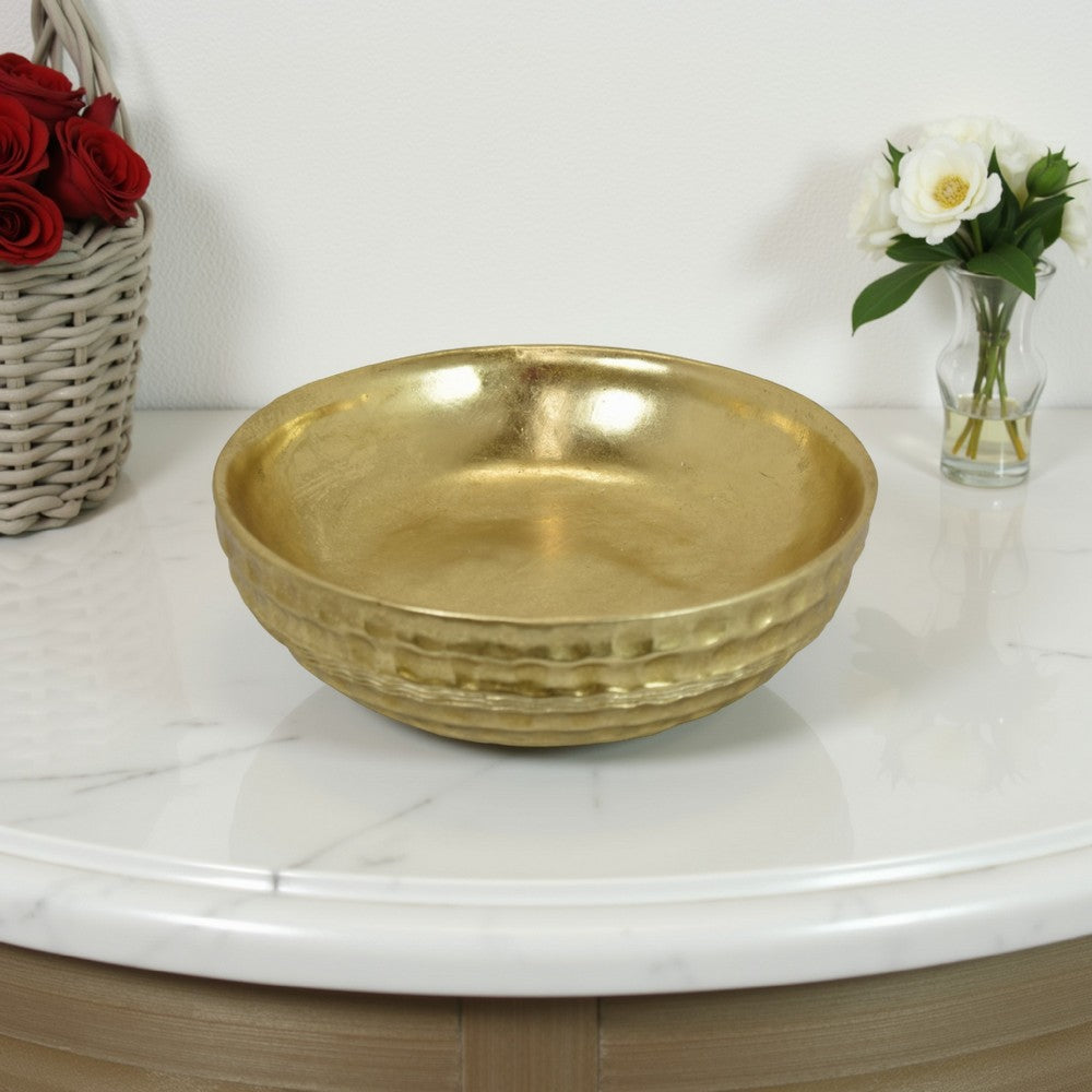 Round Tray with Hammered Accents, Vintage Details, 14 Inch Gold Resin -BM324544