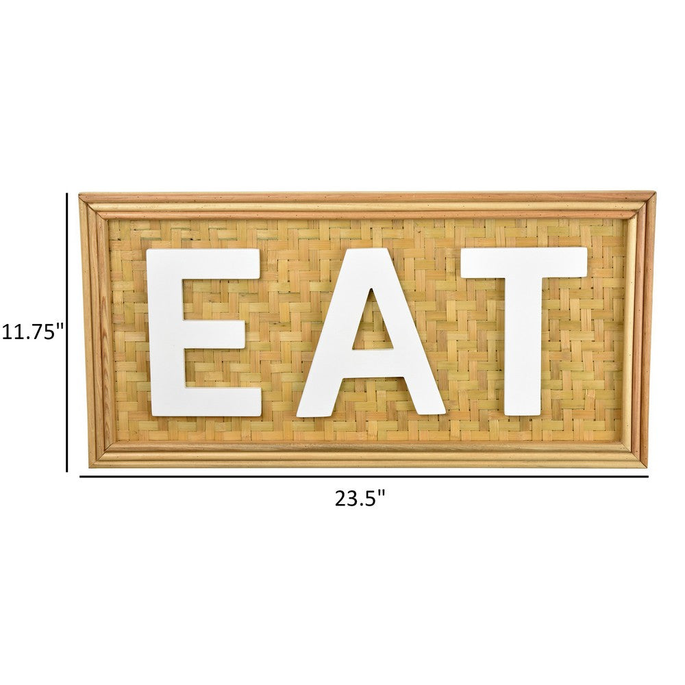 Eat Wall Decor Sign, 24 Inch Brown Wood Background, White Woven -BM324548