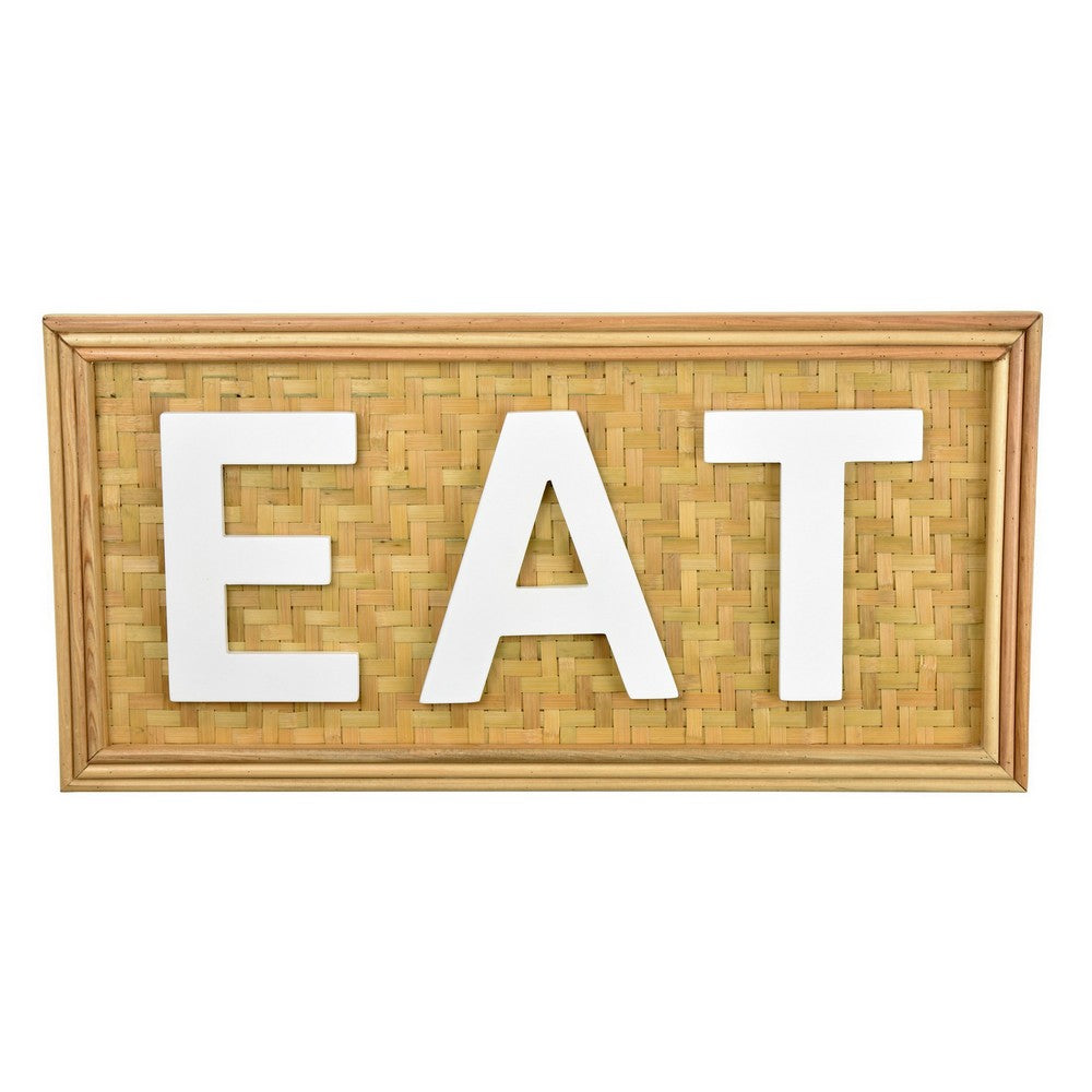 Eat Wall Decor Sign, 24 Inch Brown Wood Background, White Woven -BM324548