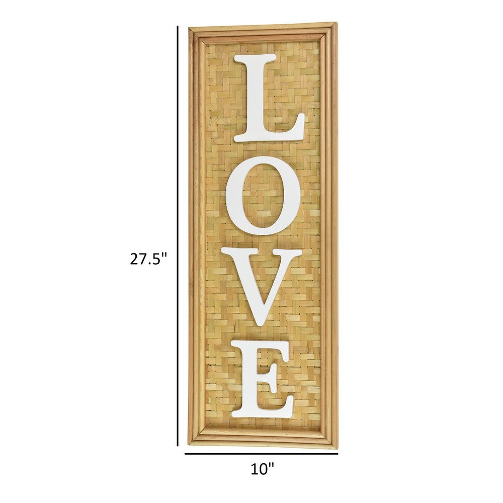 Love Wall Decor Sign, 10x28 Inch Brown Wood Background, White Woven -BM324549