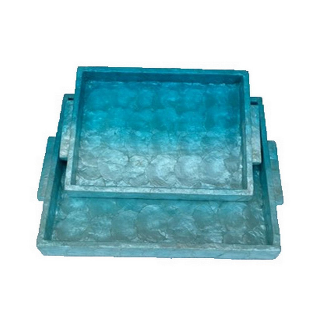 Decorative Tray Set of 2, 18 Inch Rectangular Ombre Blue Capiz Details -BM324606