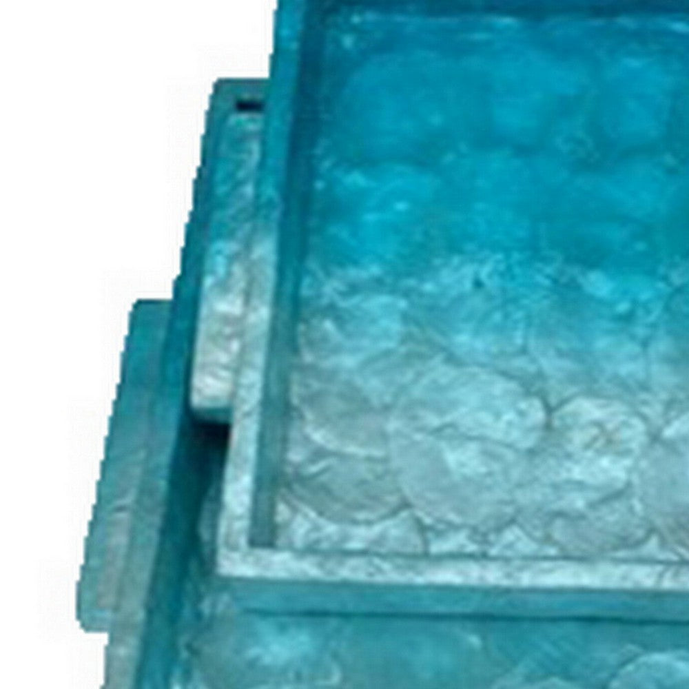 Decorative Tray Set of 2, 18 Inch Rectangular Ombre Blue Capiz Details -BM324606