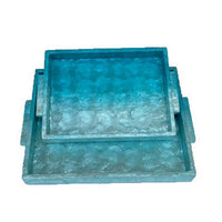 Decorative Tray Set of 2, 18 Inch Rectangular Ombre Blue Capiz Details -BM324606
