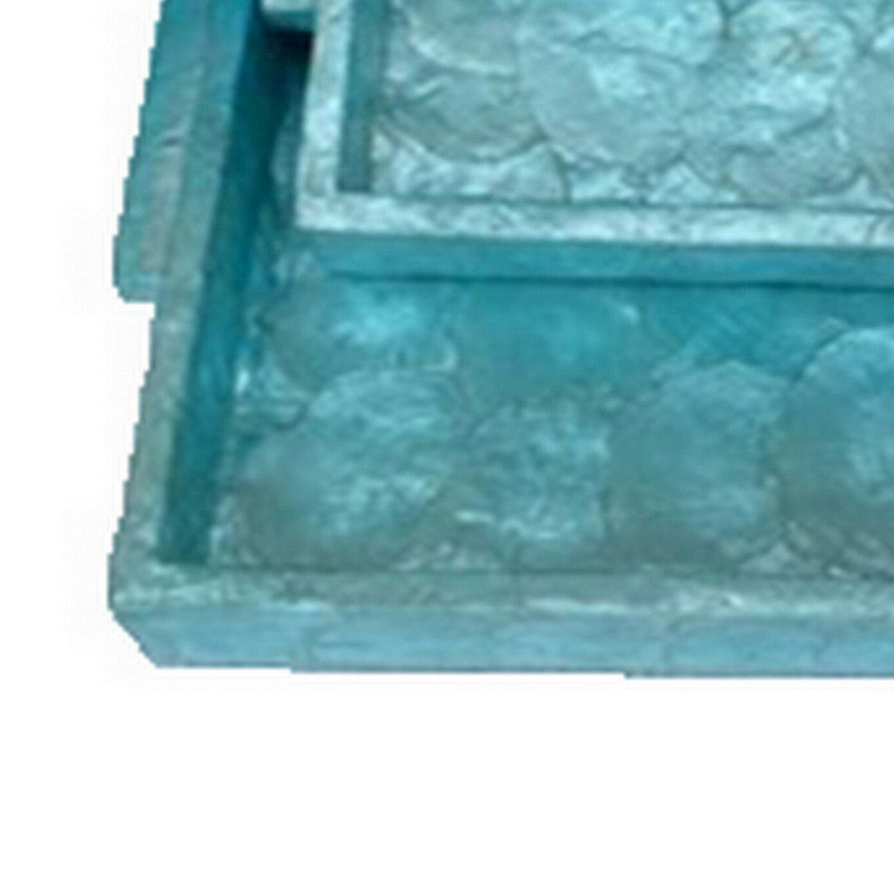 Decorative Tray Set of 2, 18 Inch Rectangular Ombre Blue Capiz Details -BM324606