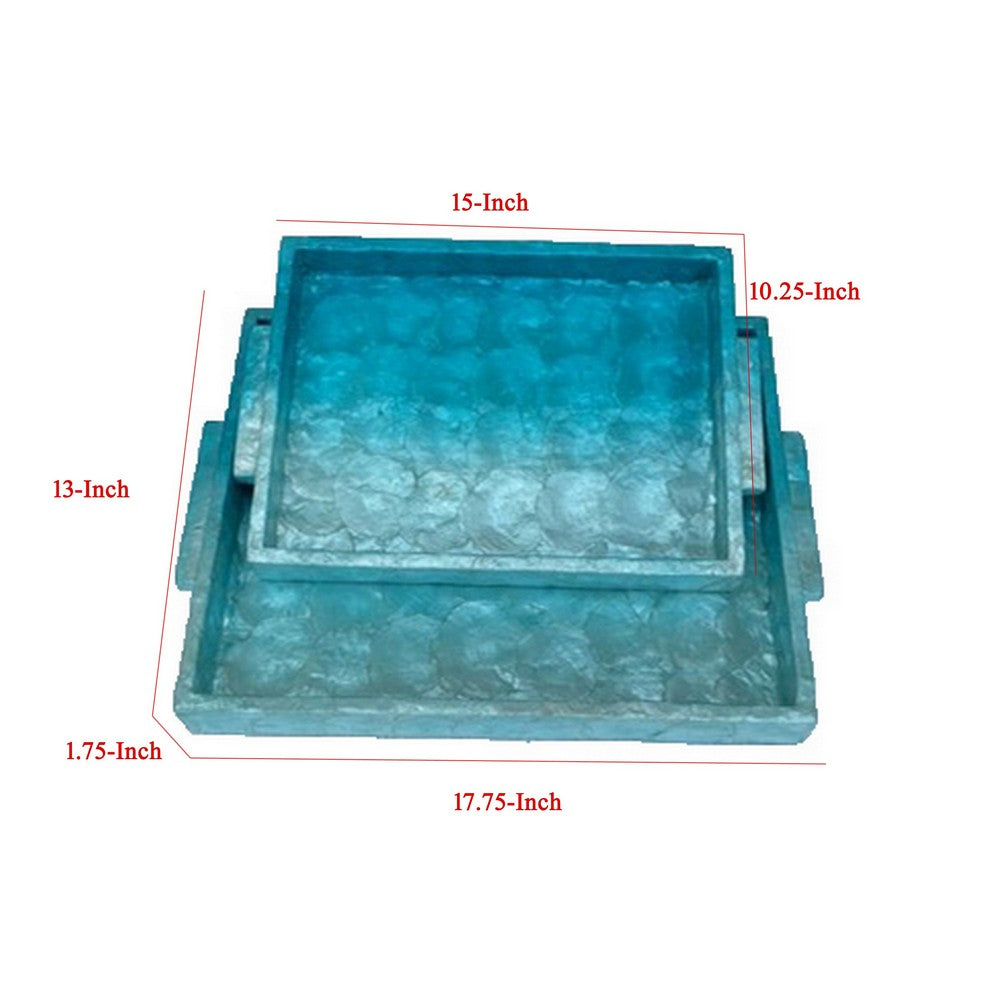 Decorative Tray Set of 2, 18 Inch Rectangular Ombre Blue Capiz Details -BM324606