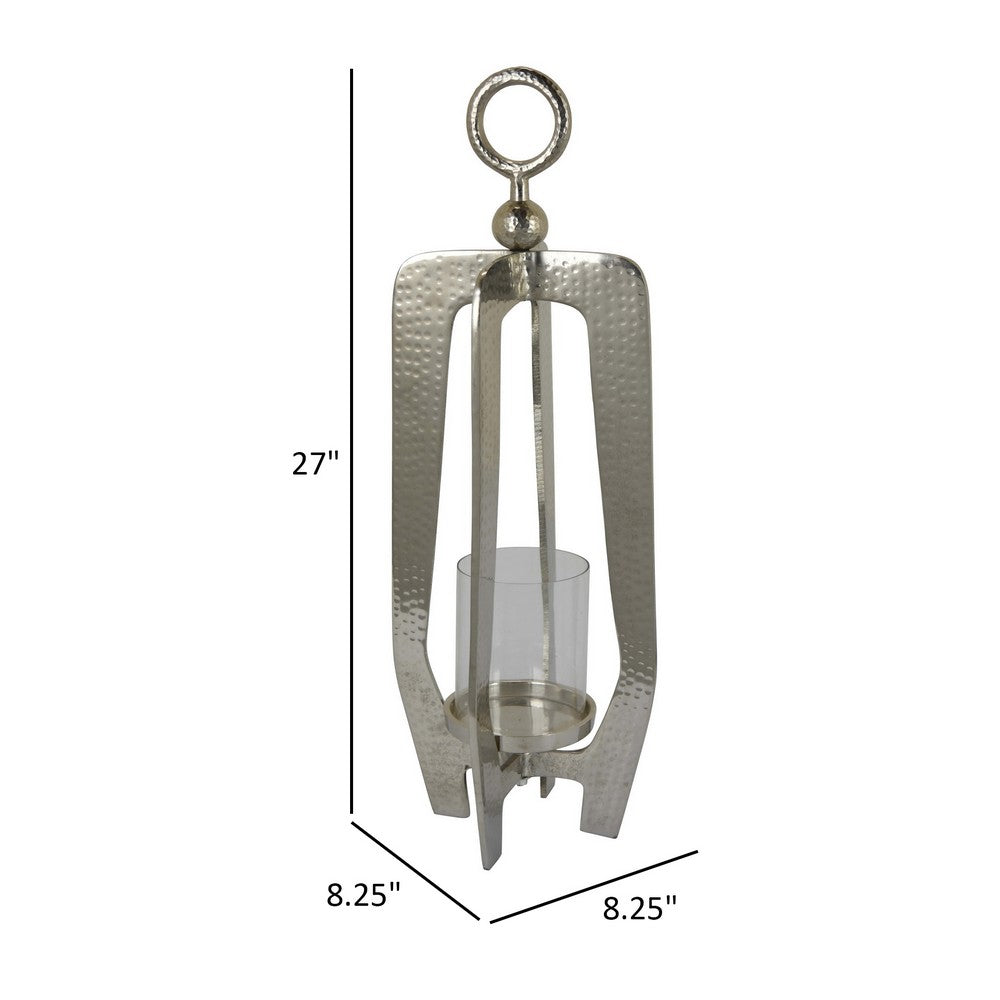 Brie Candle Holder Lantern, 27 Inch, Silver Metal Frame, Glass Shade -BM324636