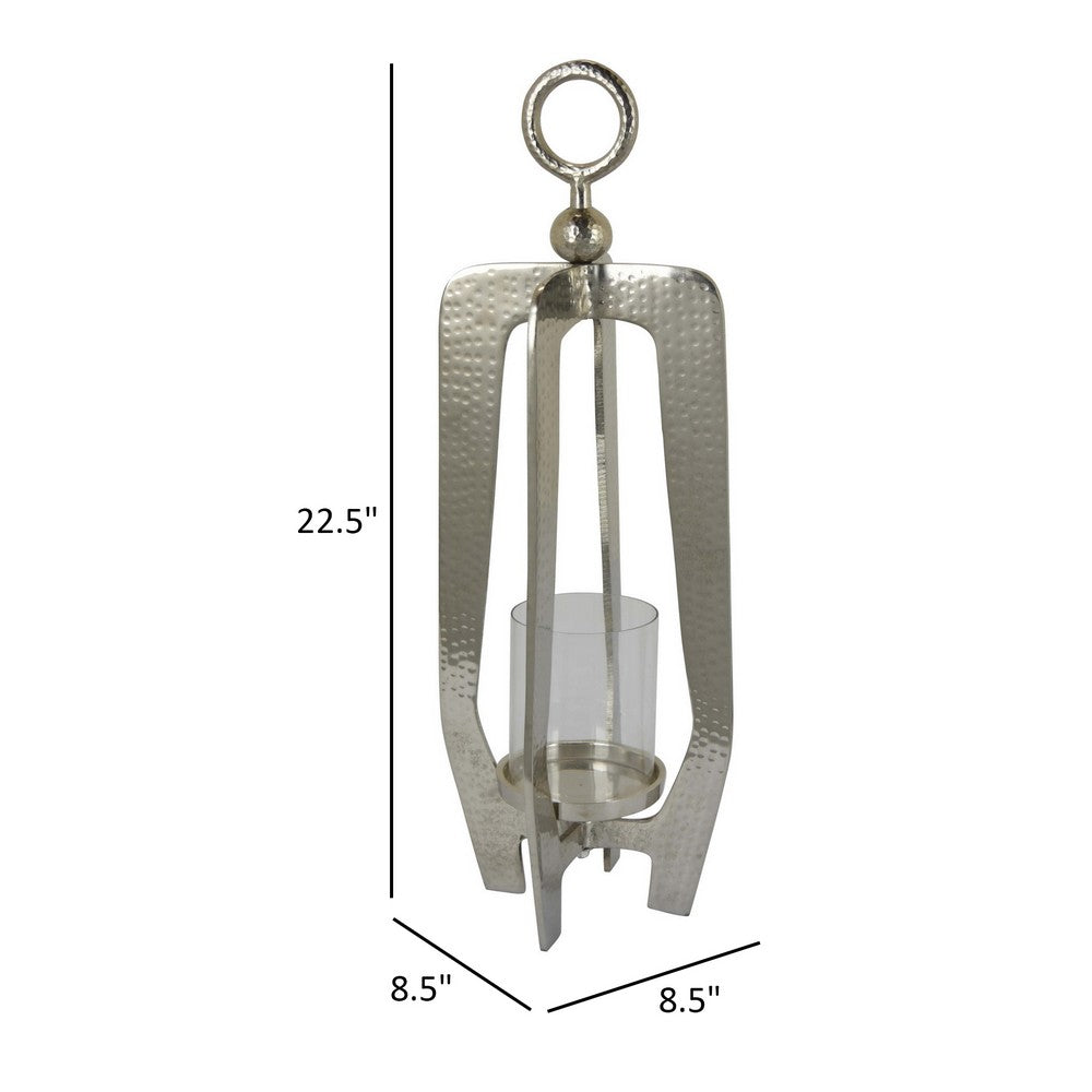 Brie Candle Holder Lantern, 23 Inch, Silver Metal Frame, Glass Shade -BM324637
