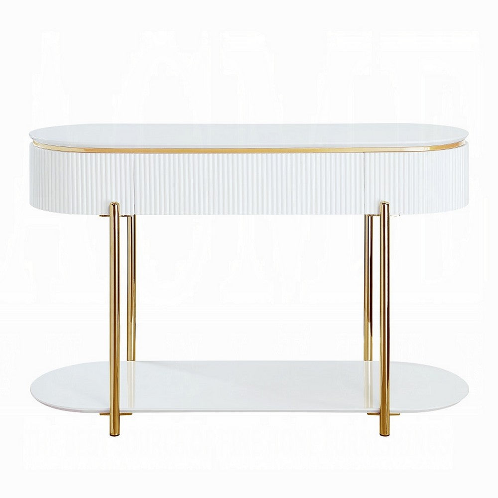 Tyce Sofa Table with Drawer, Shelf, 47 Inch Glossy White, Gold Metal -BM324669