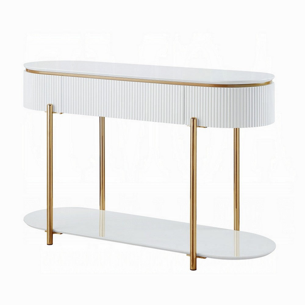 Tyce Sofa Table with Drawer, Shelf, 47 Inch Glossy White, Gold Metal -BM324669