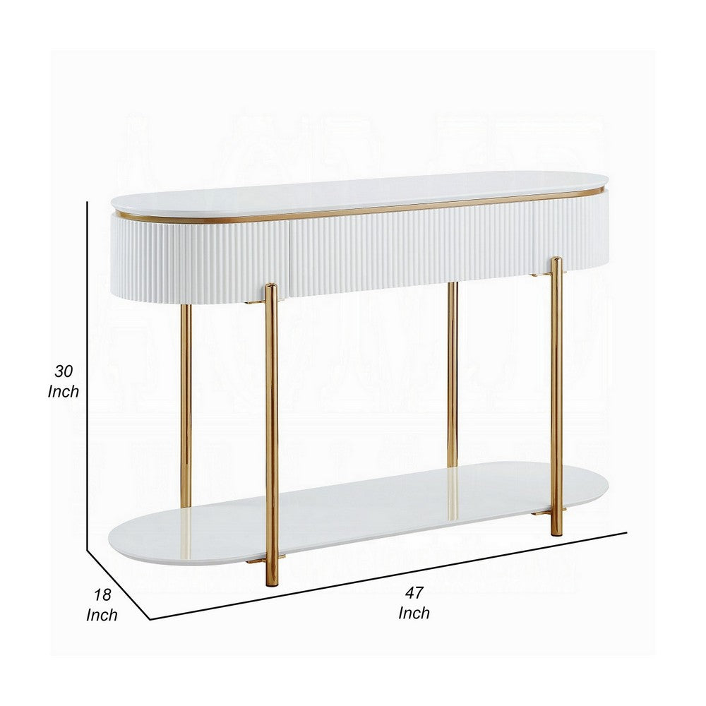 Tyce Sofa Table with Drawer, Shelf, 47 Inch Glossy White, Gold Metal -BM324669