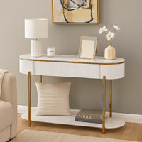 Tyce Sofa Table with Drawer, Shelf, 47 Inch Glossy White, Gold Metal -BM324669