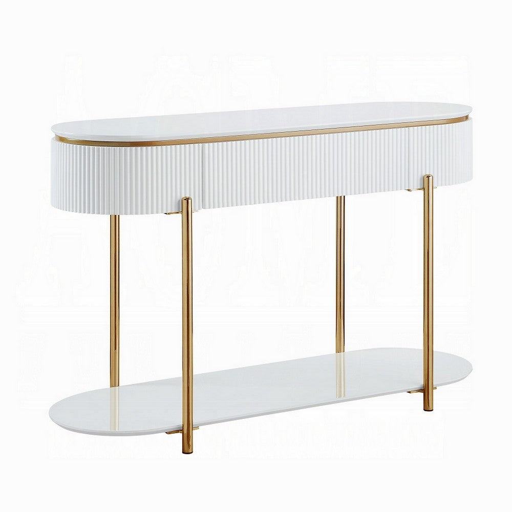 Tyce Sofa Table with Drawer, Shelf, 47 Inch Glossy White, Gold Metal -BM324669