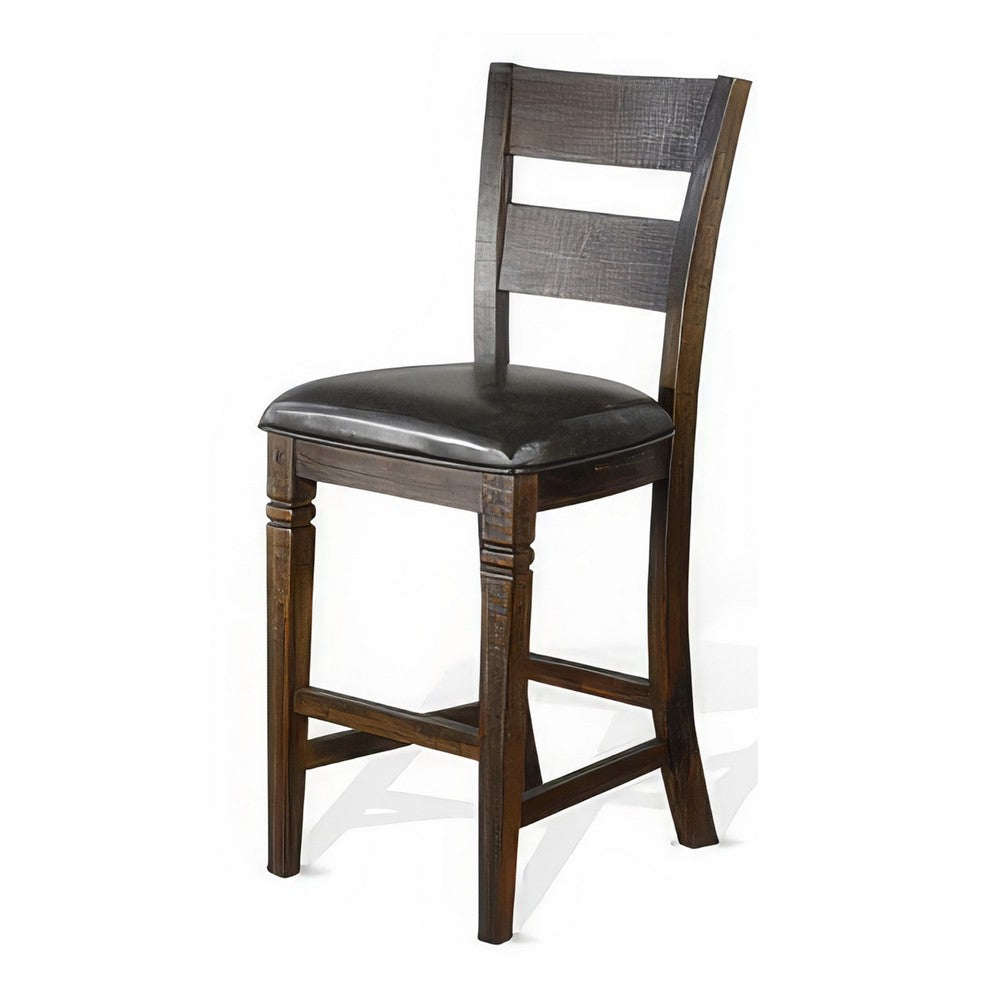 Flint Barstool Chair, Set of 2, Ladderback, Black Vinyl, Dark Brown Mahogany - BM324823