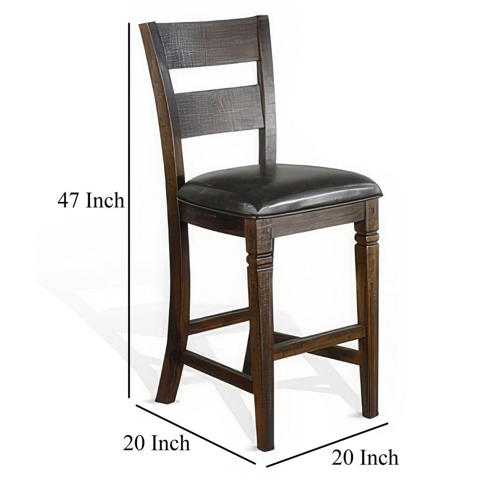 Flint Barstool Chair, Set of 2, Ladderback, Black Vinyl, Dark Brown Mahogany - BM324823