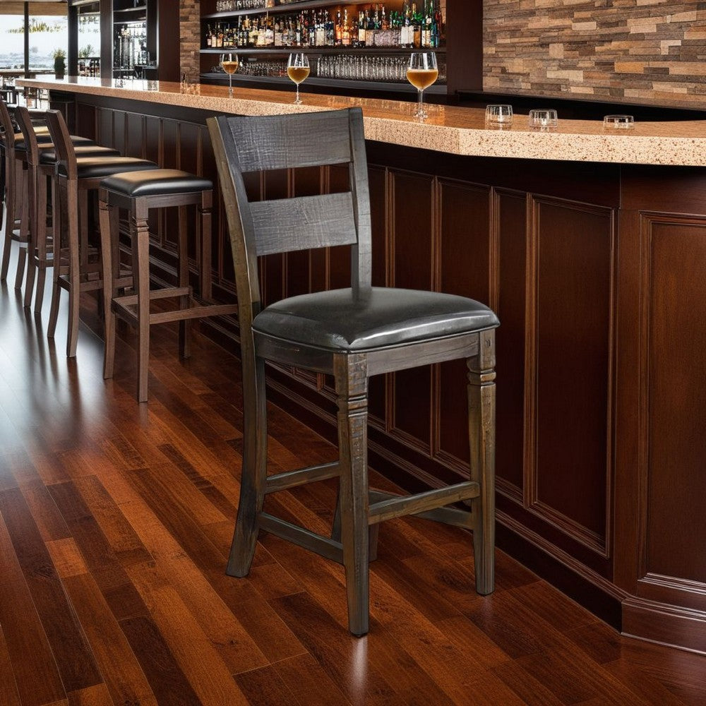 Flint Barstool Chair, Set of 2, Ladderback, Black Vinyl, Dark Brown Mahogany - BM324823
