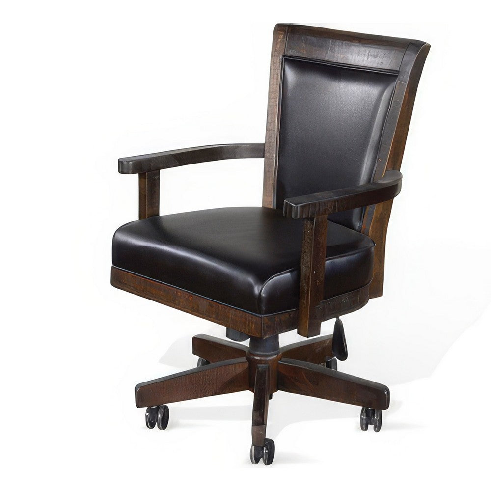 Flint Rolling Swivel Game Chair, Black Faux Leather, Dark Brown Wood -BM324845