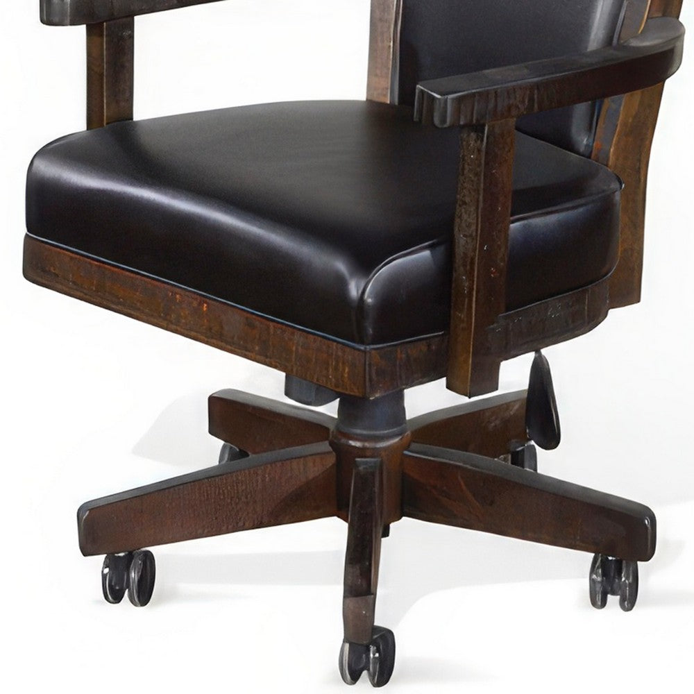 Flint Rolling Swivel Game Chair, Black Faux Leather, Dark Brown Wood -BM324845