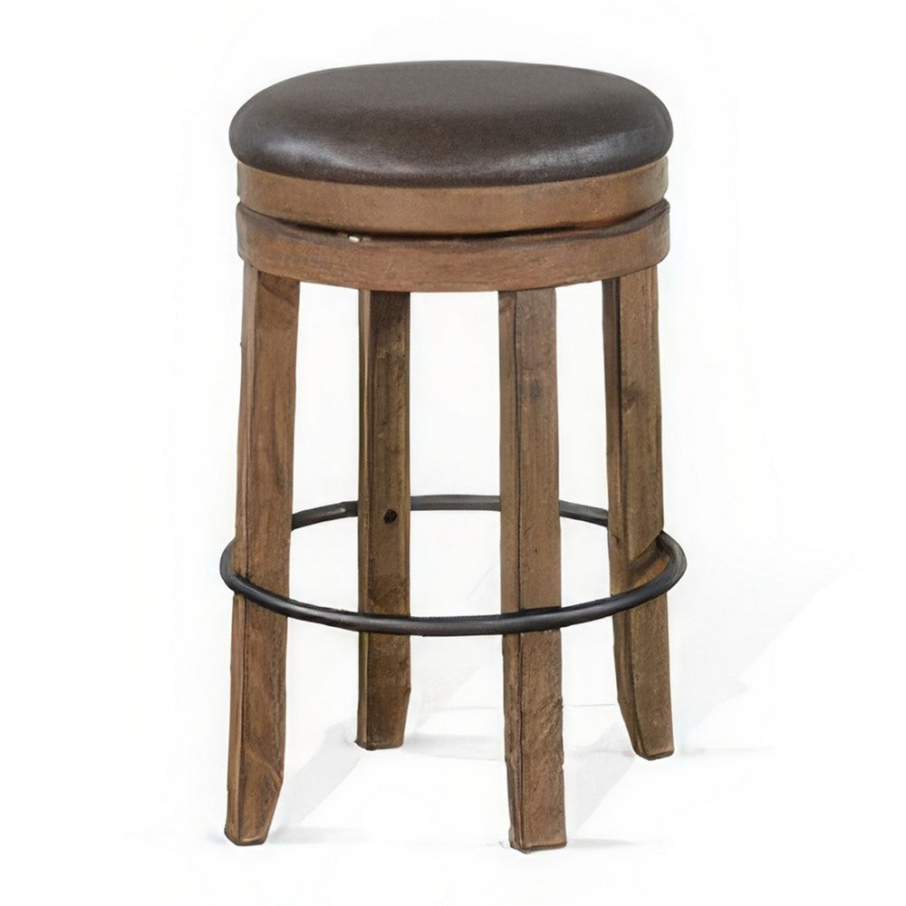 Yael Swivel Backless Barstool Set of 2, Gray Faux Leather, Brown Wood -BM324872