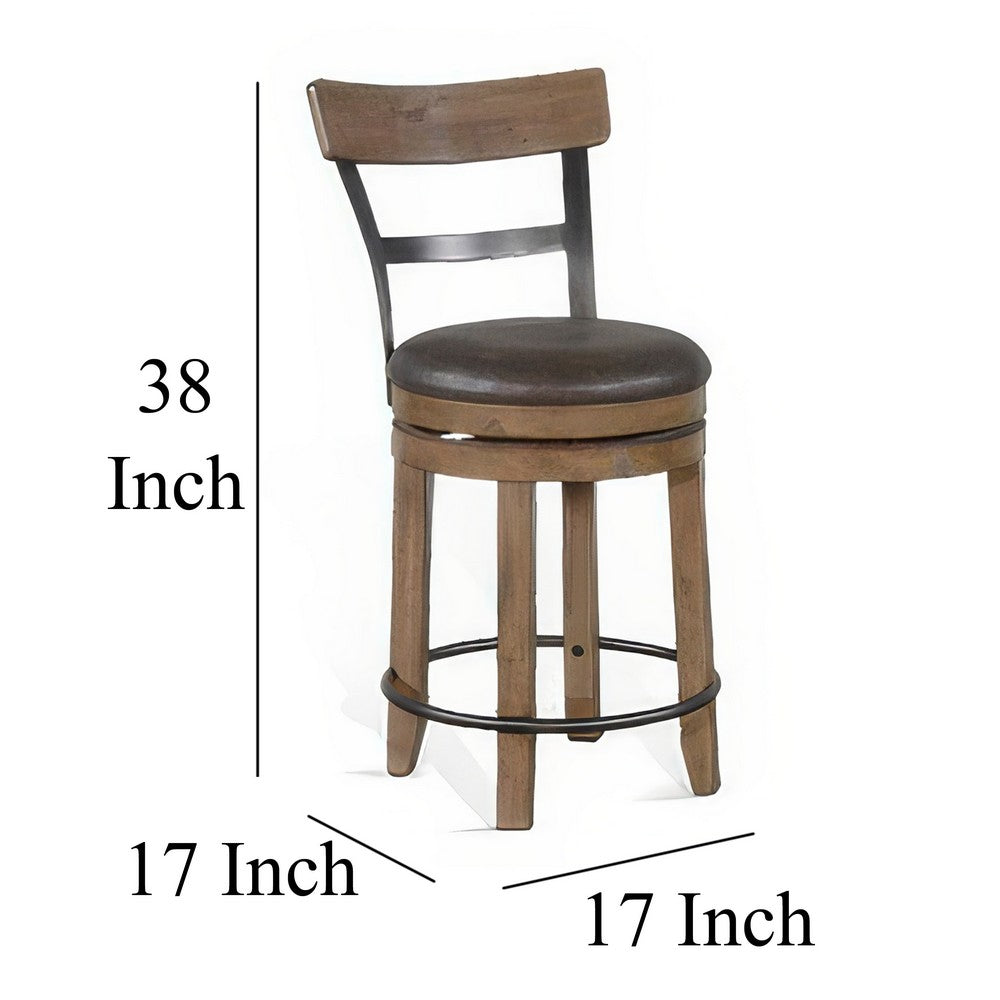 Yael Swivel Counter Stool Chair Set of 2, Gray Faux Leather Brown Wood -BM324873