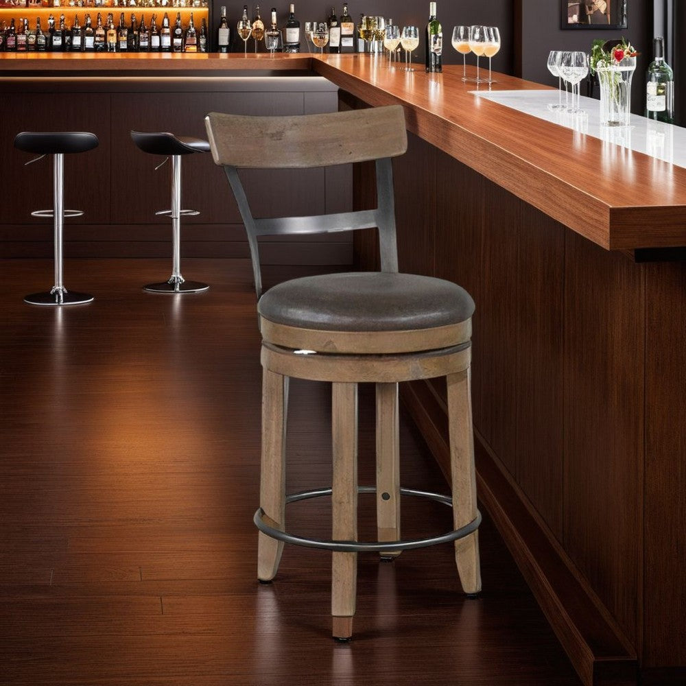 Yael Swivel Counter Stool Chair Set of 2, Gray Faux Leather Brown Wood -BM324873