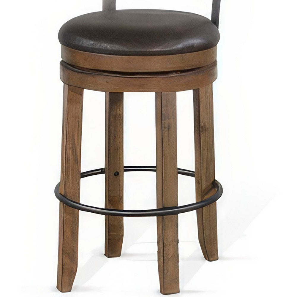 Yael Swivel Barstool Chair Set of 2, Gray Faux Leather, Brown, Black - BM324874