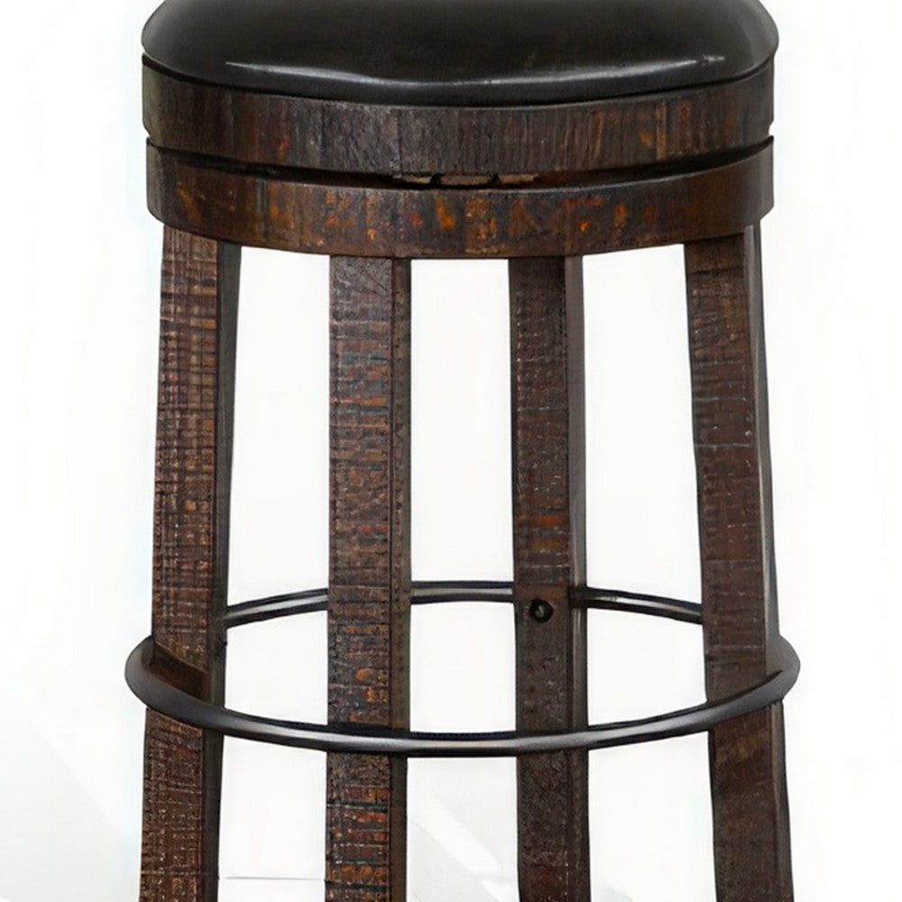 Flint Swivel Barstool Set of 2, Black Faux Leather, Dark Brown Wood -BM324880
