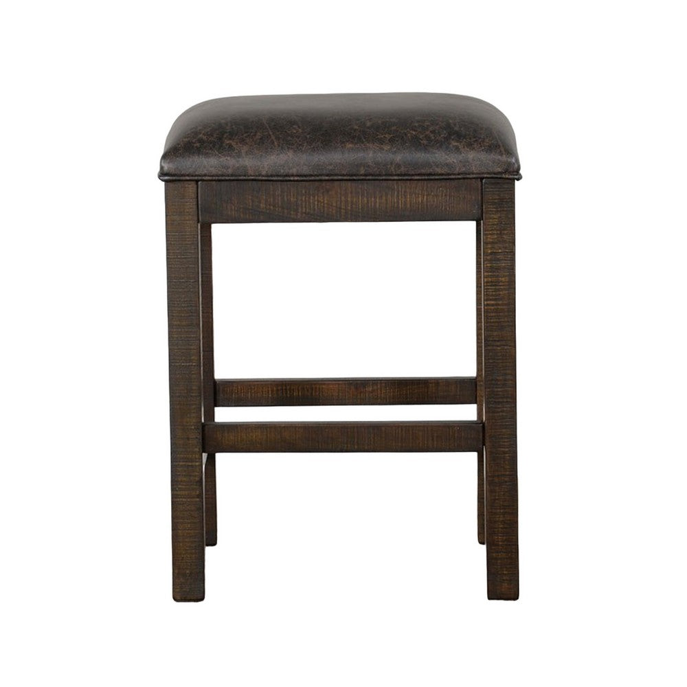 Flint Counter Stool, Faux Leather Seat, 24 Inch High, Dark Brown Wood -BM324913