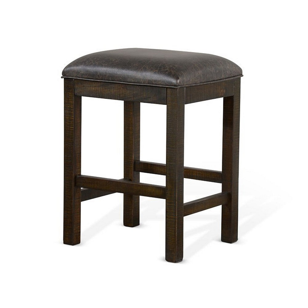 Flint Counter Stool, Faux Leather Seat, 24 Inch High, Dark Brown Wood -BM324913