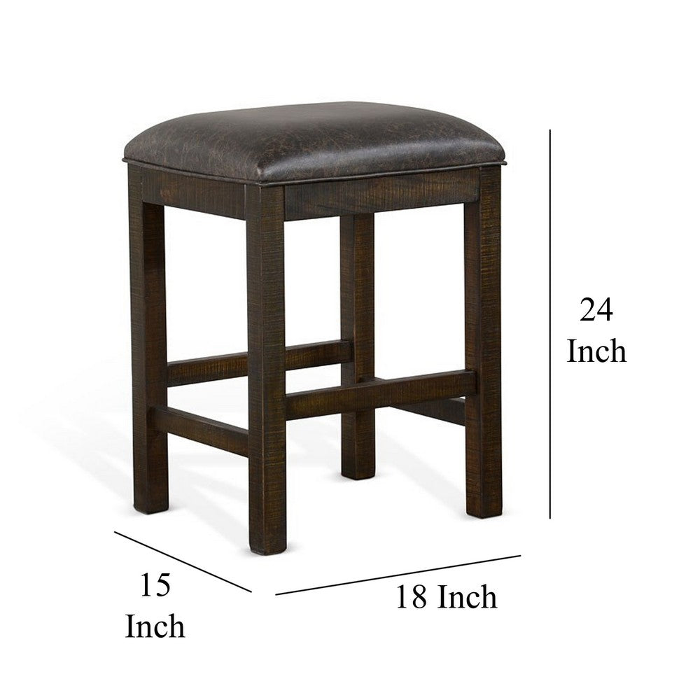 Flint Counter Stool, Faux Leather Seat, 24 Inch High, Dark Brown Wood -BM324913