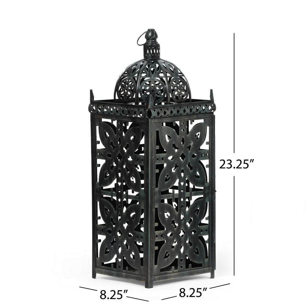 Sus 23 Inch Candle Holder Lantern w Dome Lid, Black Iron Metal Cover -BM324938