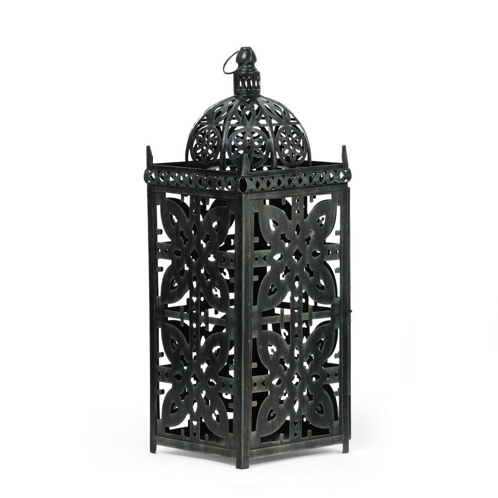 Sus 23 Inch Candle Holder Lantern w Dome Lid, Black Iron Metal Cover