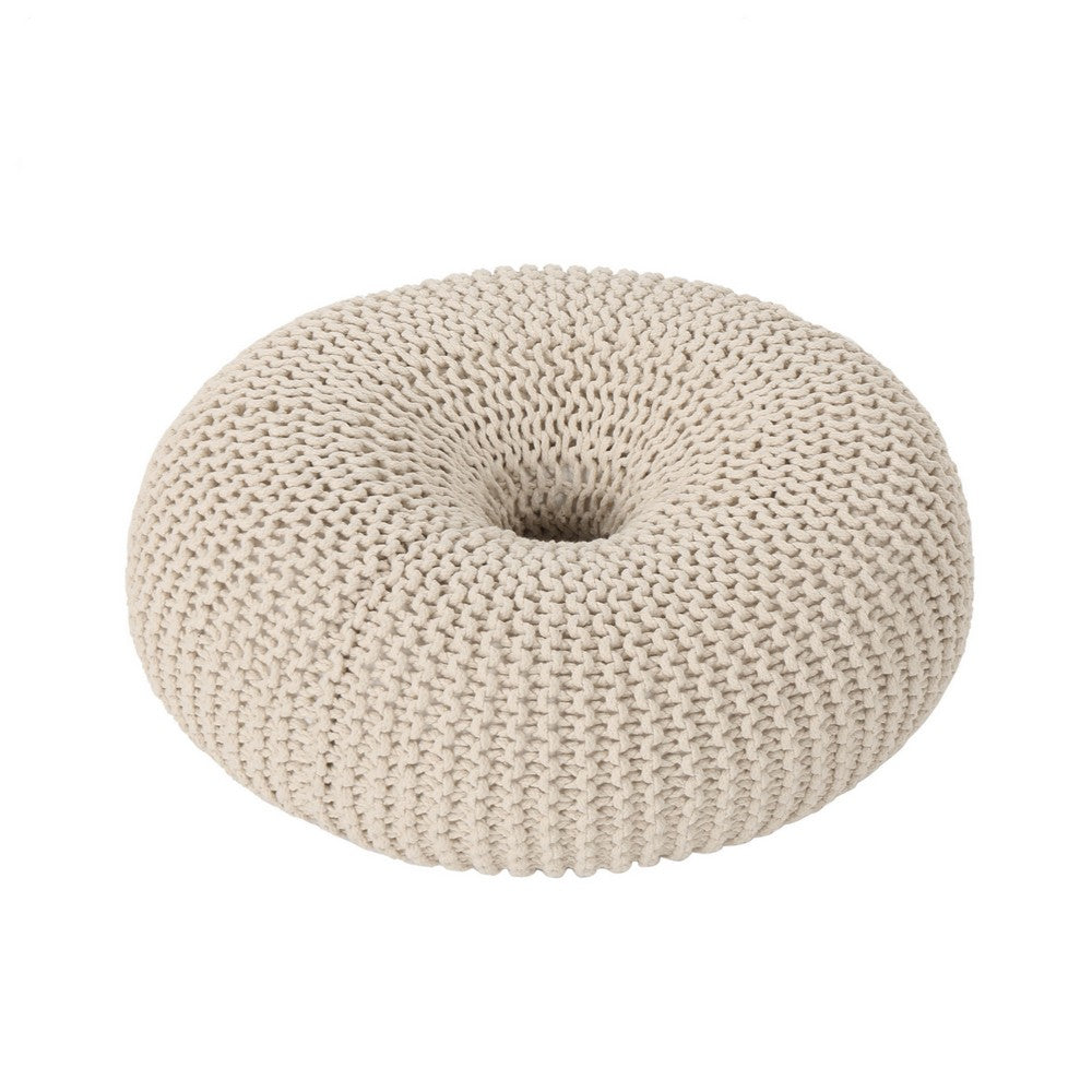 Round Knitted Pouf Ottoman, Handcrafted Details, 25 Inch, Beige Cotton