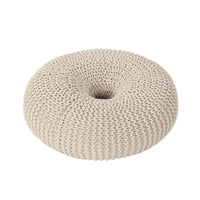 Round Knitted Pouf Ottoman, Handcrafted Details, 25 Inch, Beige Cotton