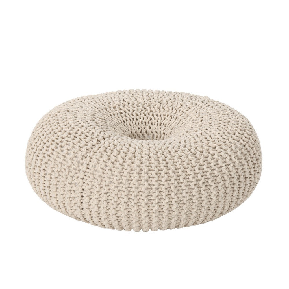 Round Knitted Pouf Ottoman, Handcrafted Details, 25 Inch, Beige Cotton -BM324947