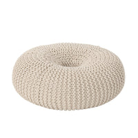 Round Knitted Pouf Ottoman, Handcrafted Details, 25 Inch, Beige Cotton -BM324947