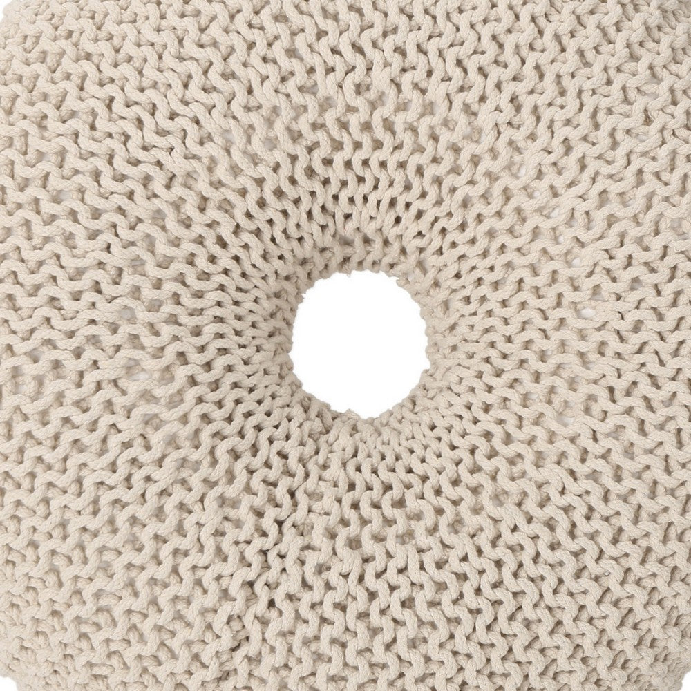 Round Knitted Pouf Ottoman, Handcrafted Details, 25 Inch, Beige Cotton -BM324947