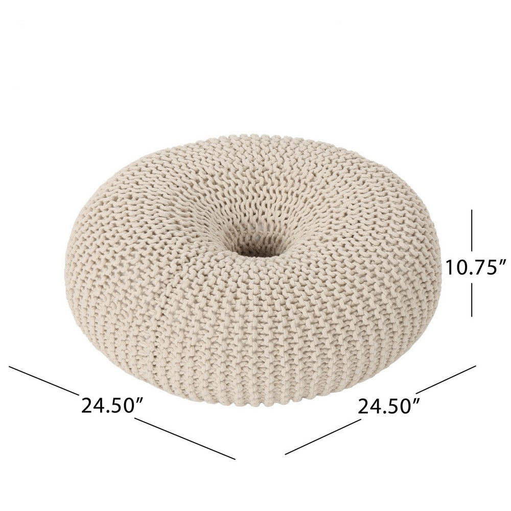 Round Knitted Pouf Ottoman, Handcrafted Details, 25 Inch, Beige Cotton -BM324947