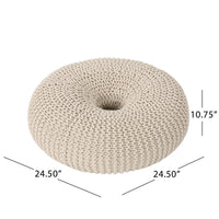 Round Knitted Pouf Ottoman, Handcrafted Details, 25 Inch, Beige Cotton -BM324947