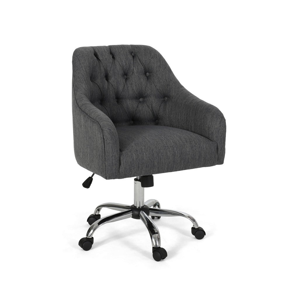 Nysa Swivel Rolling Office Chair, Tufted Dark Gray Fabric, Chrome