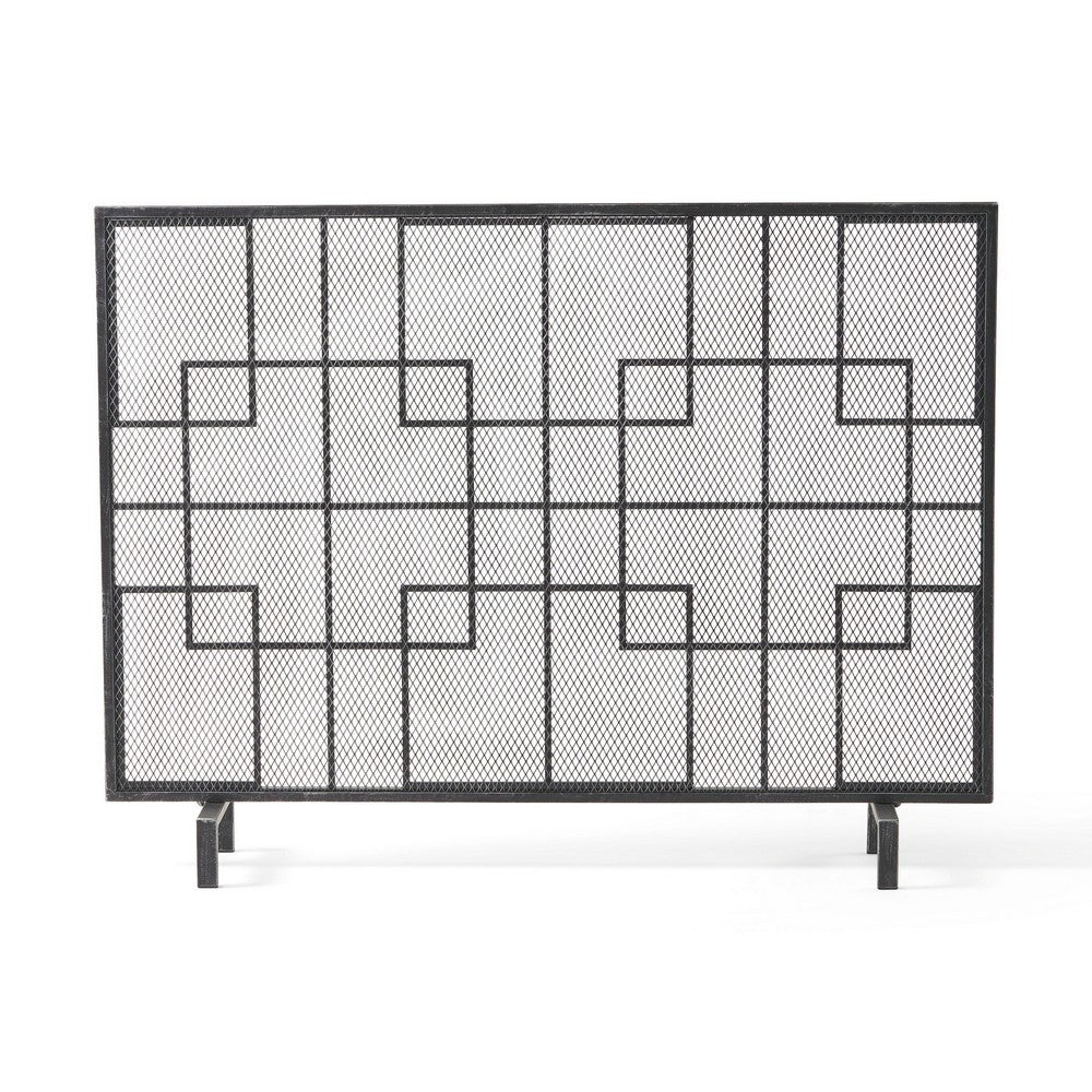 31x41 Fireplace Screen with Mesh, Contemporary Design, Black, Silver  -BM325079