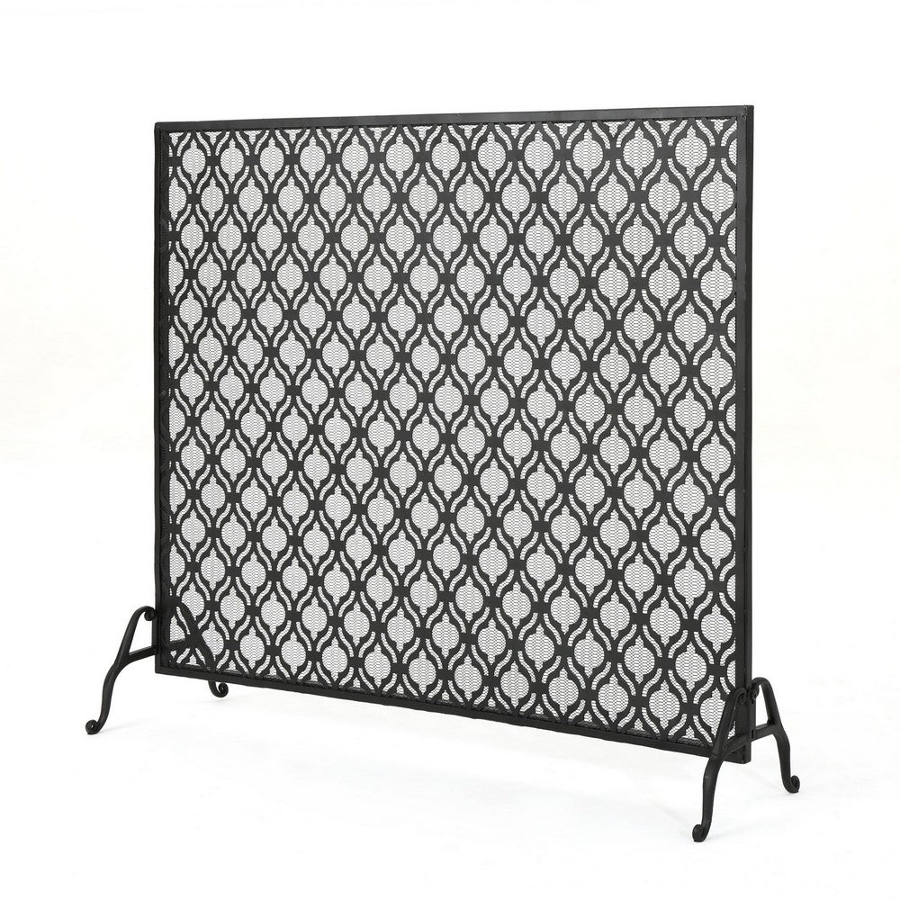 35x39 Fireplace Screen, Flower Design, Classic Matte Black Iron Finish