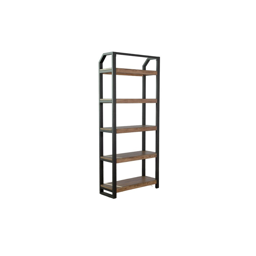 Yael Bookcase, 5 Brown Mahogany Shelves and Black Metal Frame, 72 Inch -BM325374