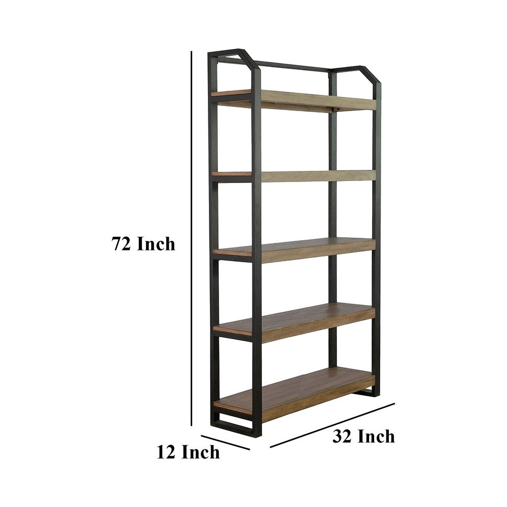 Yael Bookcase, 5 Brown Mahogany Shelves and Black Metal Frame, 72 Inch -BM325374