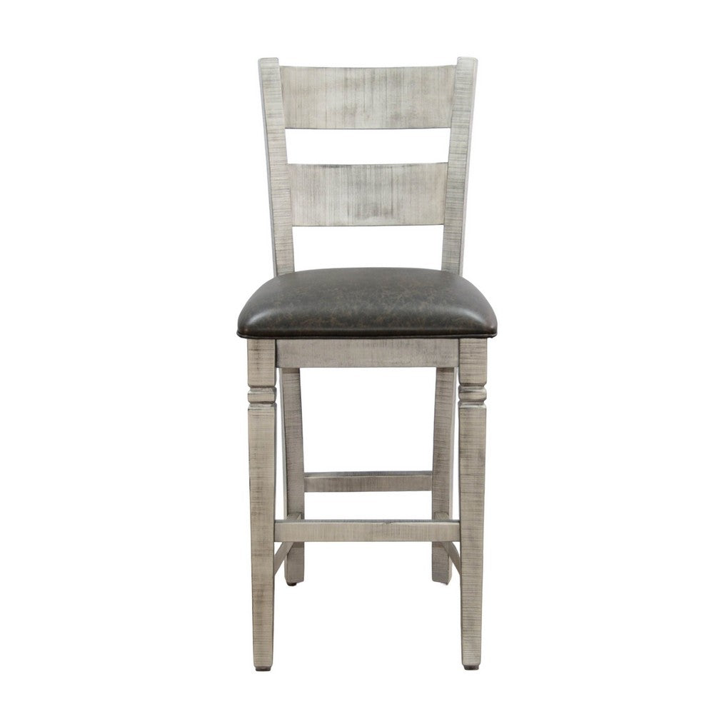 Zeka Barstool Chair Set of 2, Black Faux Leather, Gray Wood Ladderback -BM325414